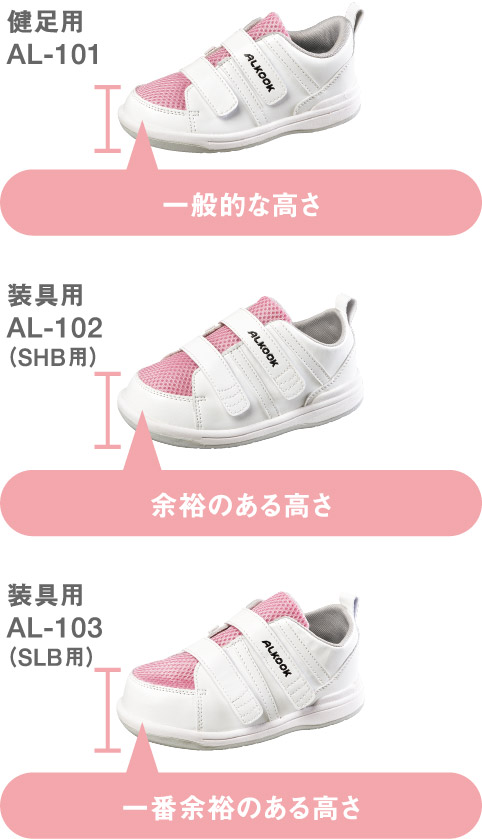 健足用AL-101:一般的な高さ、装具用 AL-102(SHB用):余裕のある高さ、装具用 AL-103(SLB用):一番余裕のある高さ